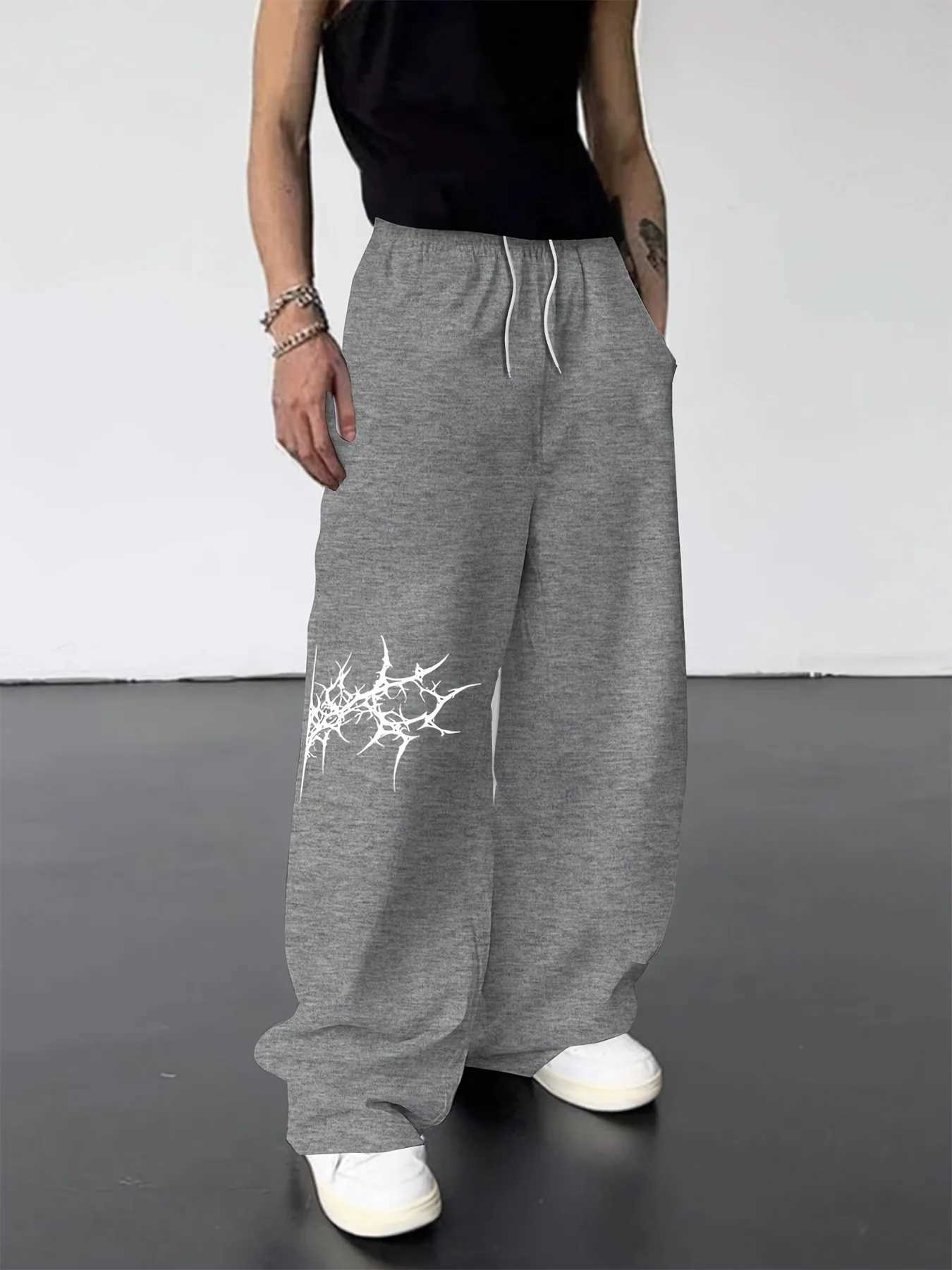 Autumn and Winter Mens Black Jogging Pants Gothic Style Printed Text Pattern Street Sweatpants Casual Drawstring Trousers M260328