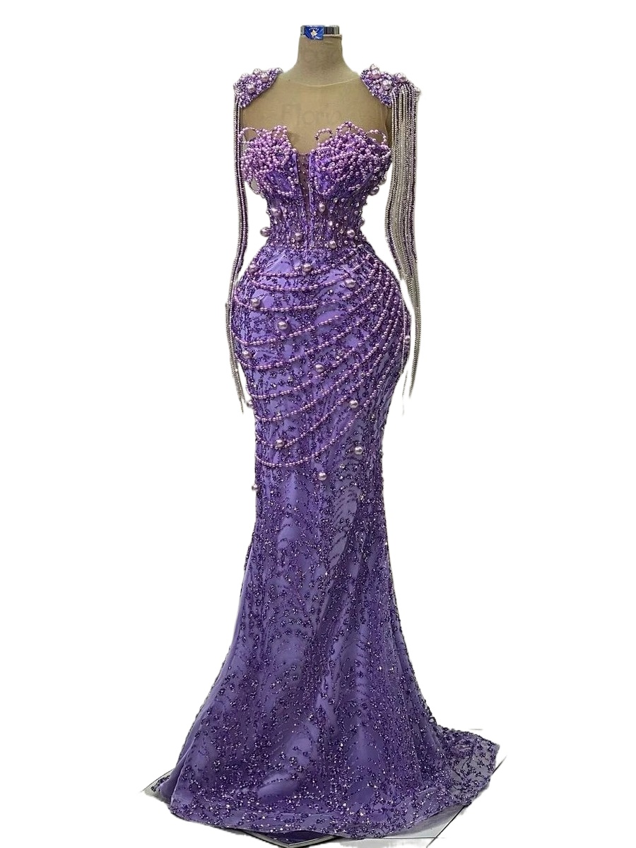 Tassel Pearls Elegant Purple Prom Dresses Sheer Long Sleeve Mermaid Appliques Sequins Women Formal Occasion Party Evening Gowns M27 ZD19