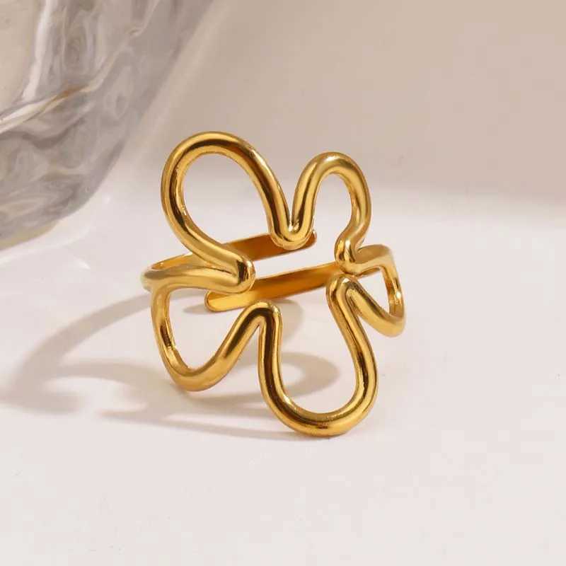 Stainless Steel Gold Color Hollow Flower Open Ring for Women Fashion Adjustable Geometric Lines Finger Ring Party Jewelry Gifts H260328