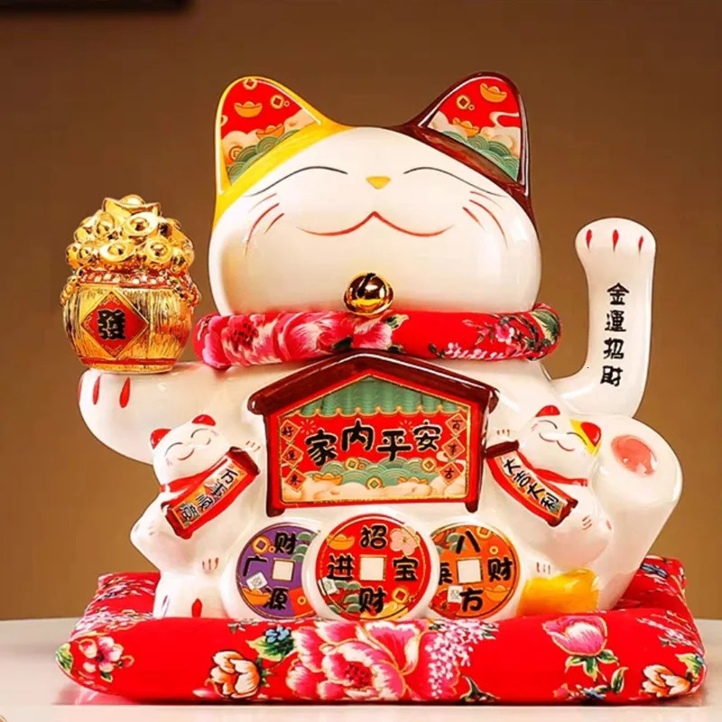 7 Inch Lucky Cat Decoration Feng Shui Fortune Cat Ceramic Electric Wave Hand Treasure Shop Gift Good Luck Home Festive Craft 260325