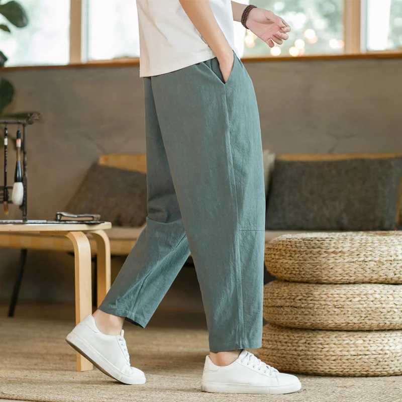 Mens Trousers Cotton Linen Fashion Casual Pants Solid Color Breathable Loose Shorts Straight Drawstring Pants Streetwear Men a03 M260328