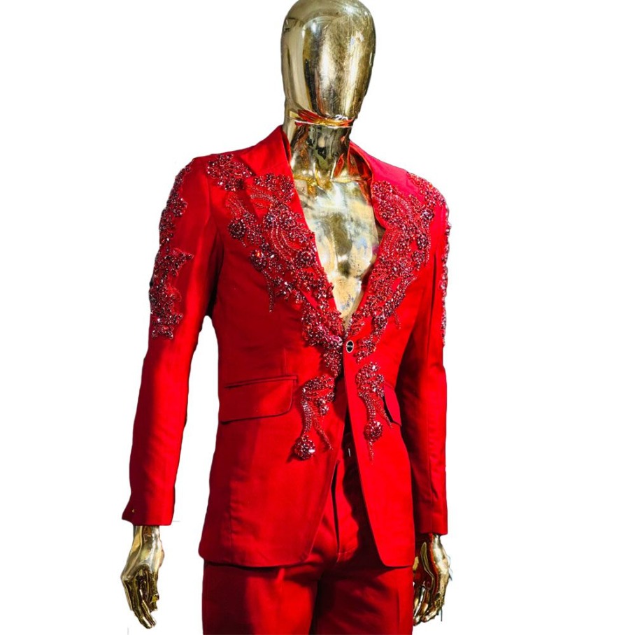 Elegant Men Suits 2 Pieces Appliques Crystal Notched Lapel Jacket Tailor-Made Blazer One Button Groom Evening Prom Party Customized Coat Pants Plus Si
