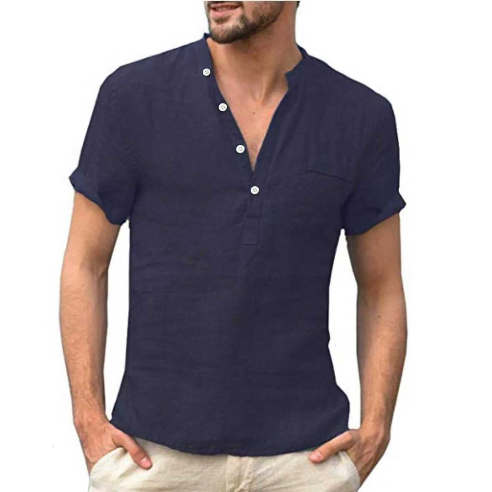 Cotton Linen Hot Sale Men Short-Sleeved Shirts Summer Color Henley Collar Casual Beach Style Hawaiian Vacation shirts for man C260326