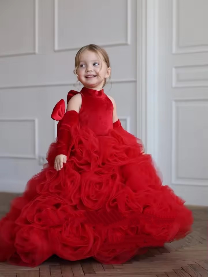 Luxury Tier Ruffles Long Flower Girl Dresses With Bow Back Ball Gown Girls Formal Evening Pageant Gowns Princess Birthday Wedding Party Robes M27 ZD10
