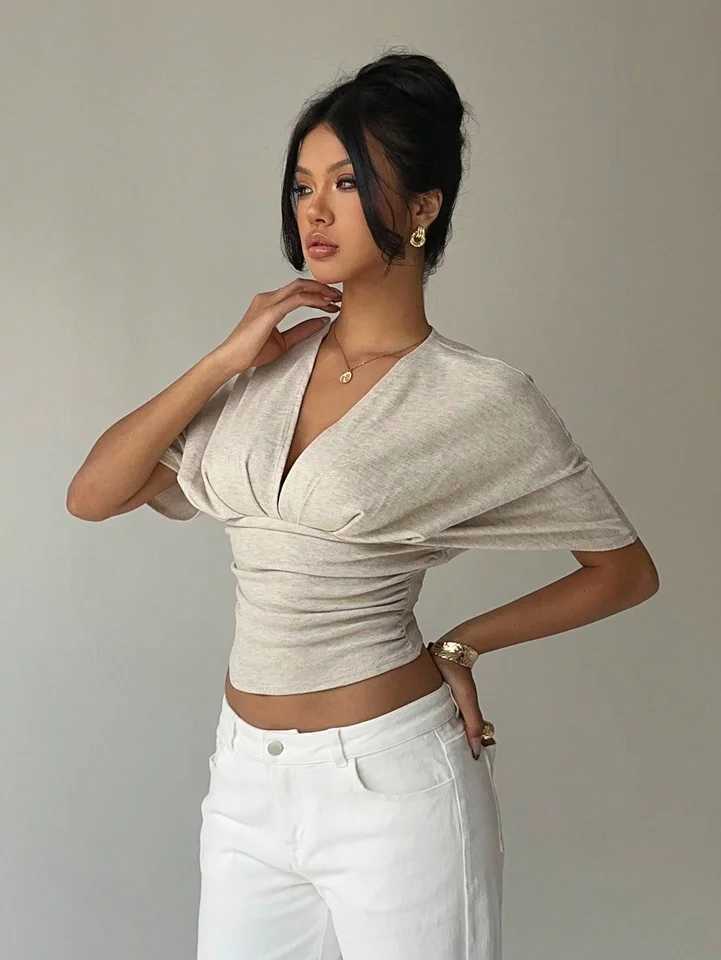 Womens Summer Apricot Deep V-Fold Short Sleeve Tight fitting Womens T-shirt D260328