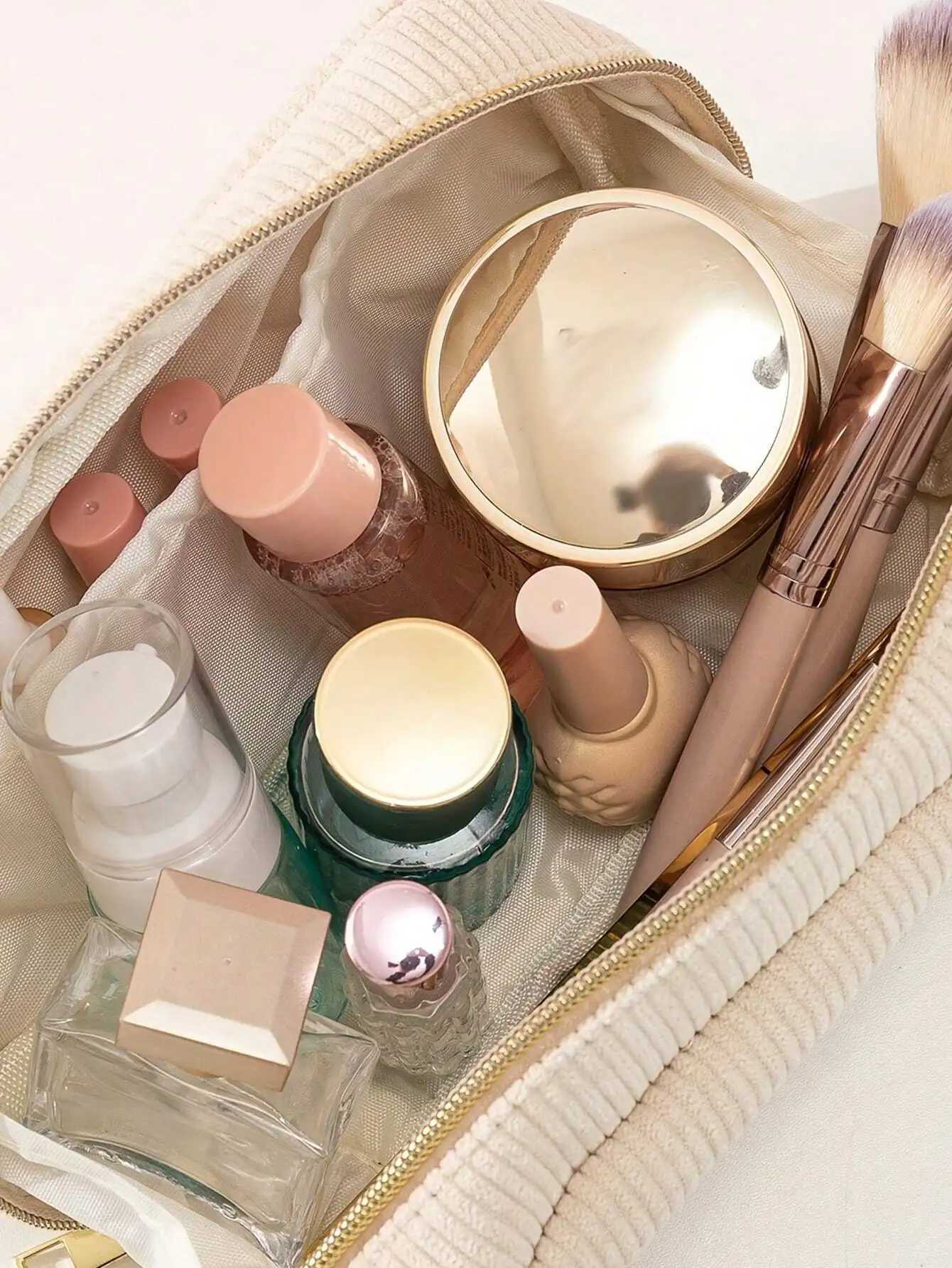 Fluffy Corduroy Beige Makeup Bag Girl Cosmetic Bag For Women Travel Organizer Makeup Storage Washing Bag Female D260328