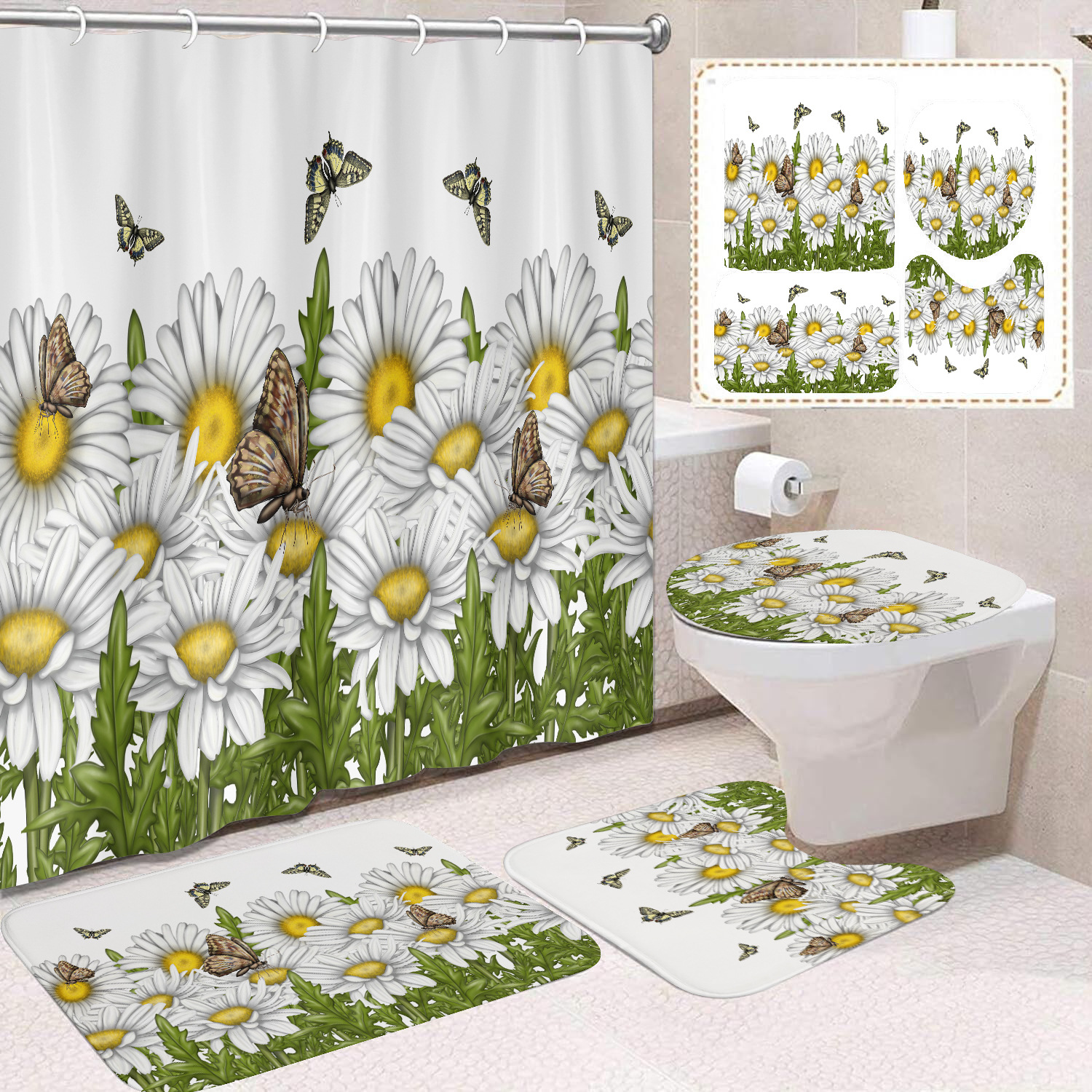 YL-38403 Floral Shower Curtain and Floor Mat Four-Piece Set for Bathroom Dry and Wet Separation, Toilet Isolation Curtain, Modern Minimalist Style
