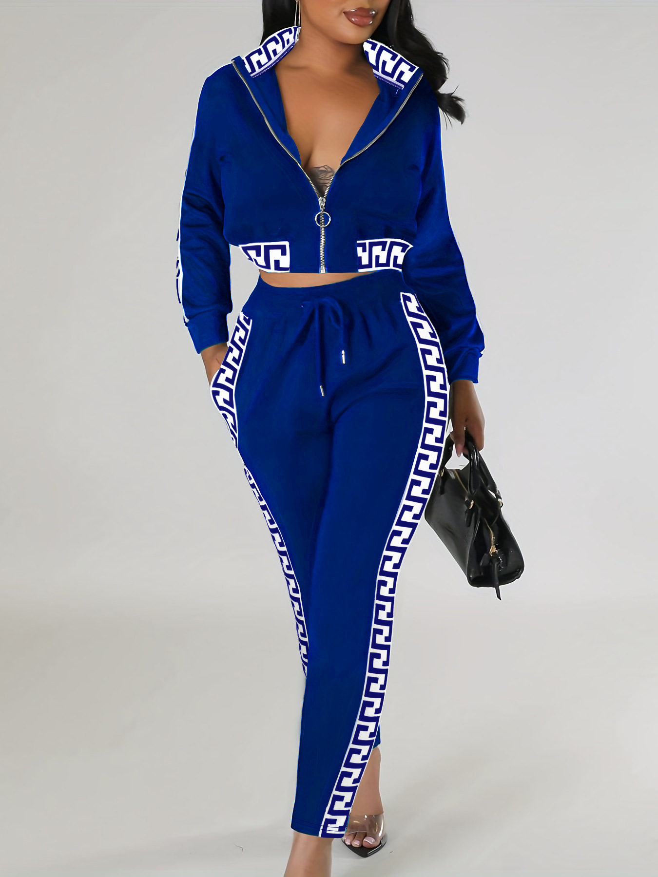 Luxury Brand Designer Clothes Women's Spring And Autumn Fashion High-End Casual Set: Cropped Zipper Top With Floral Pattern And Patchwork Long Pa - view 4