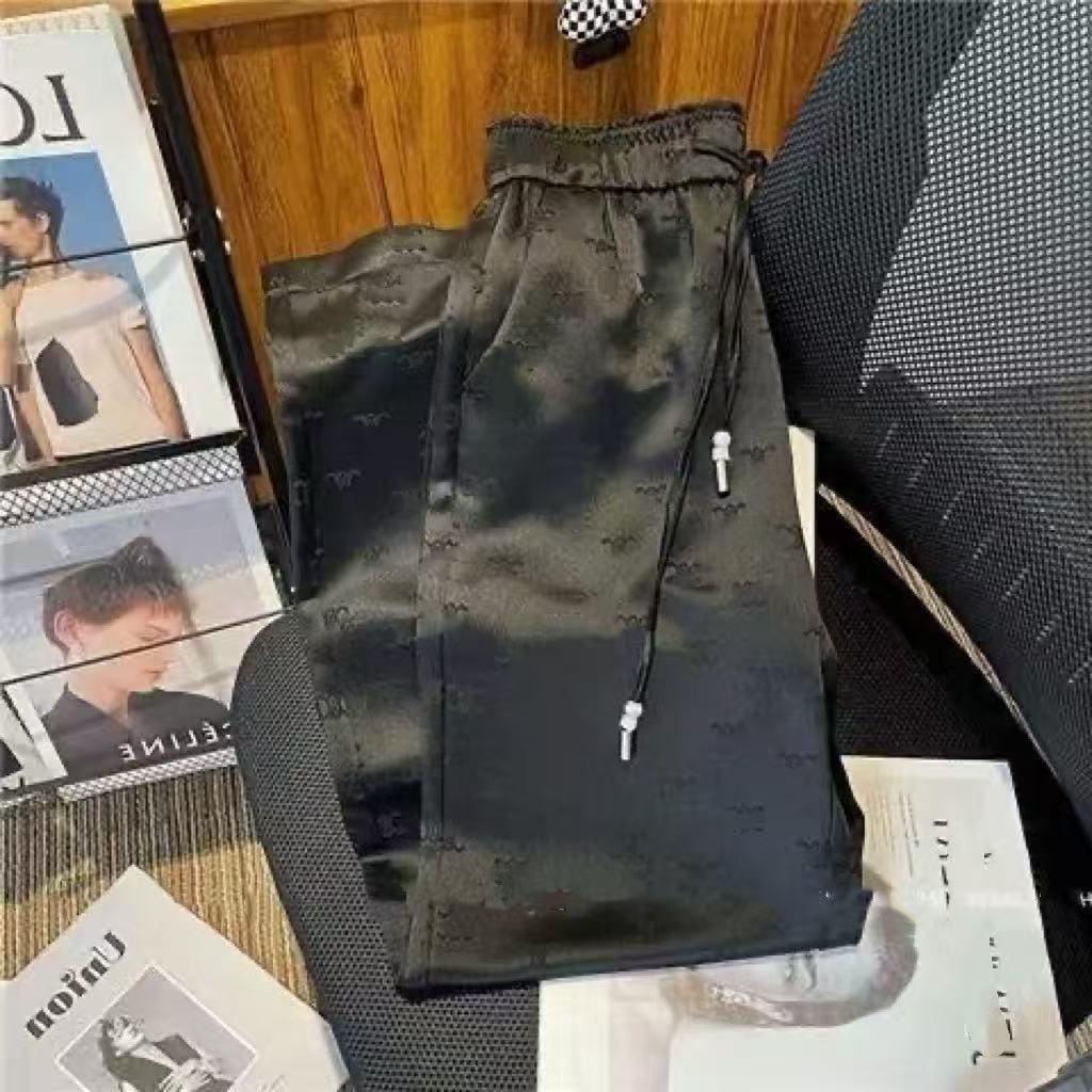 New Fashion Designer Women's Pants High Elastic Waist Pants Women's Drawstring Logo Printed Satin Sports Pants Women's Wide Leg Elastic Waist Daily Casual Pants