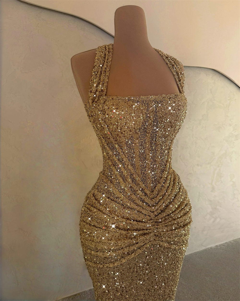 Glitter Champagne Sequined Mermaid Evening Dresses Sexy Halter Neck Shiny Sequins Prom Dress Vestidos De Noche Floor-Length Formal Party Gowns M27