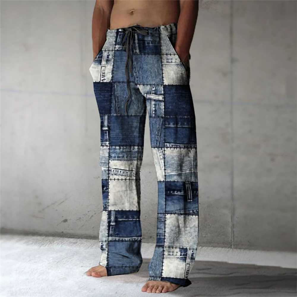 Plaid Color Block Mens Resort 3D Printed Casual Pants Trousers Elastic Waist Fit Straight-Leg Pant Summer Beach Pants M260328