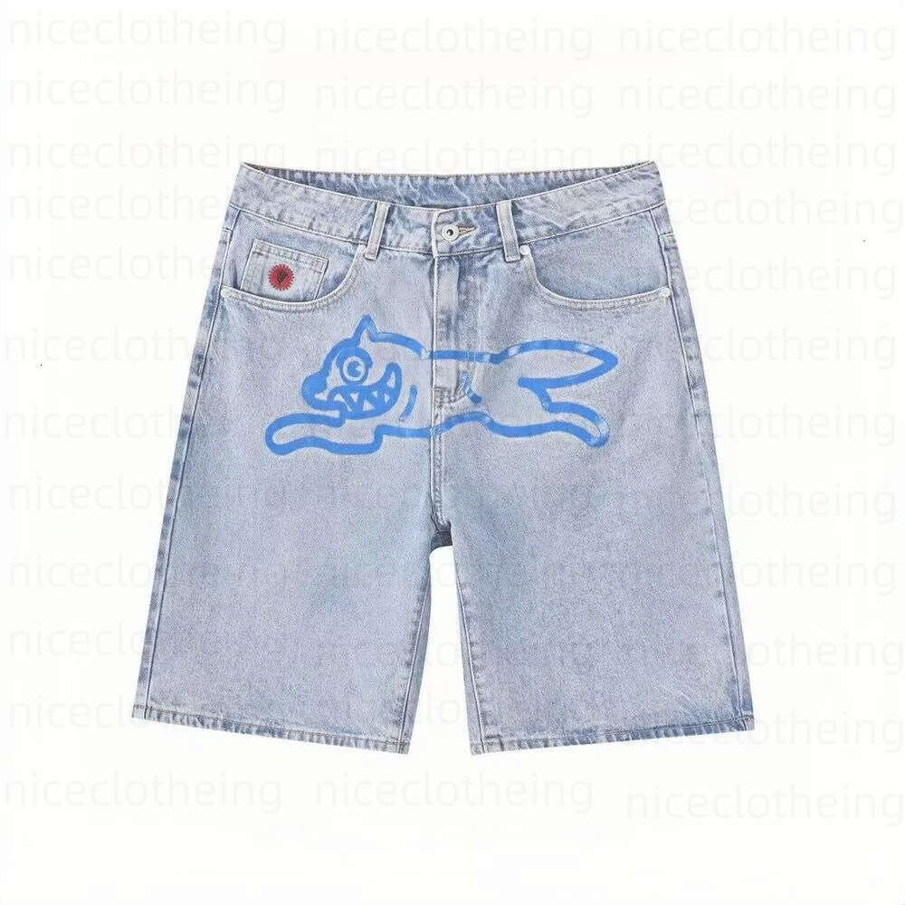 Icecream Designer Mens Baggy BBC Flying Dog Pattern Print Denim Shorts High Street Y2k Hip Hop Vintage Washed Women Skinny Slim High-Quality Jeans 981