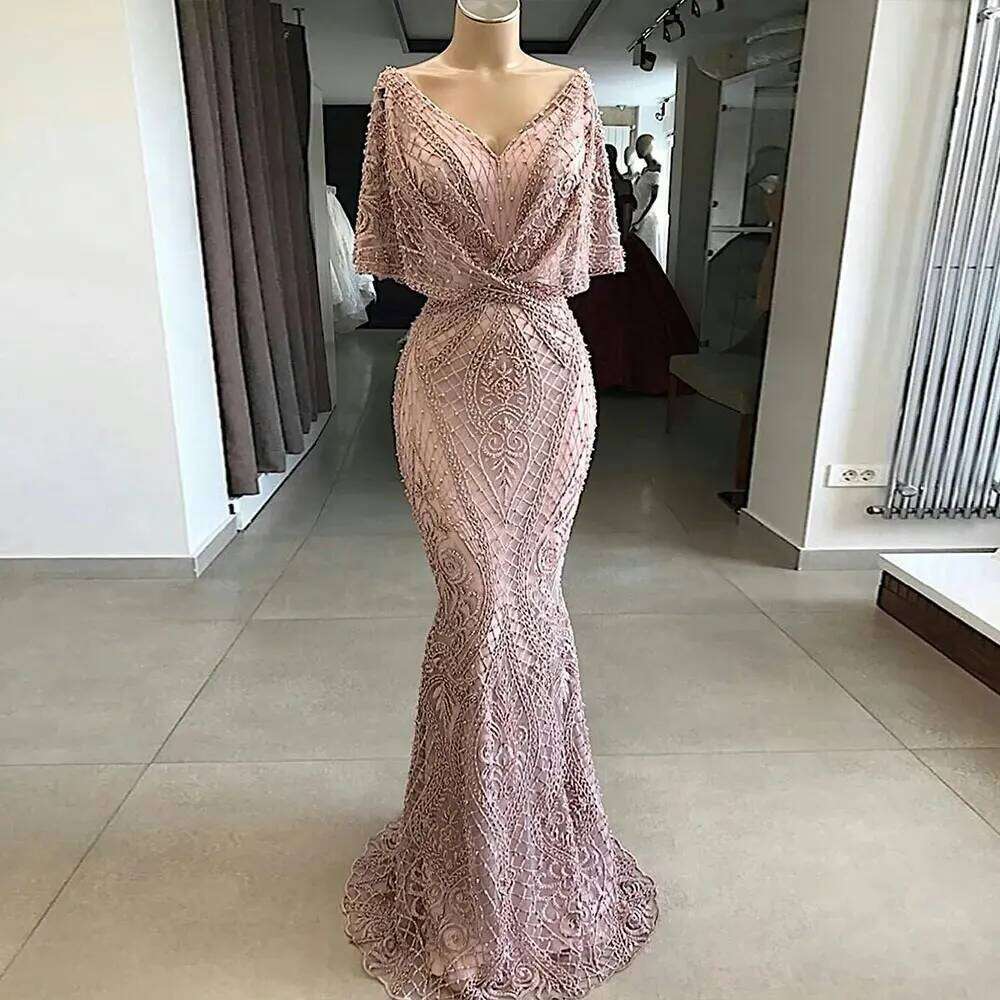 Prom Evening Dresses Vintage Lace Pink Evening Women's V-Neck Cap Shoulder Sleeves Prom Gonws Floor Length Formal Gala Robe Party Dress Youmaigow