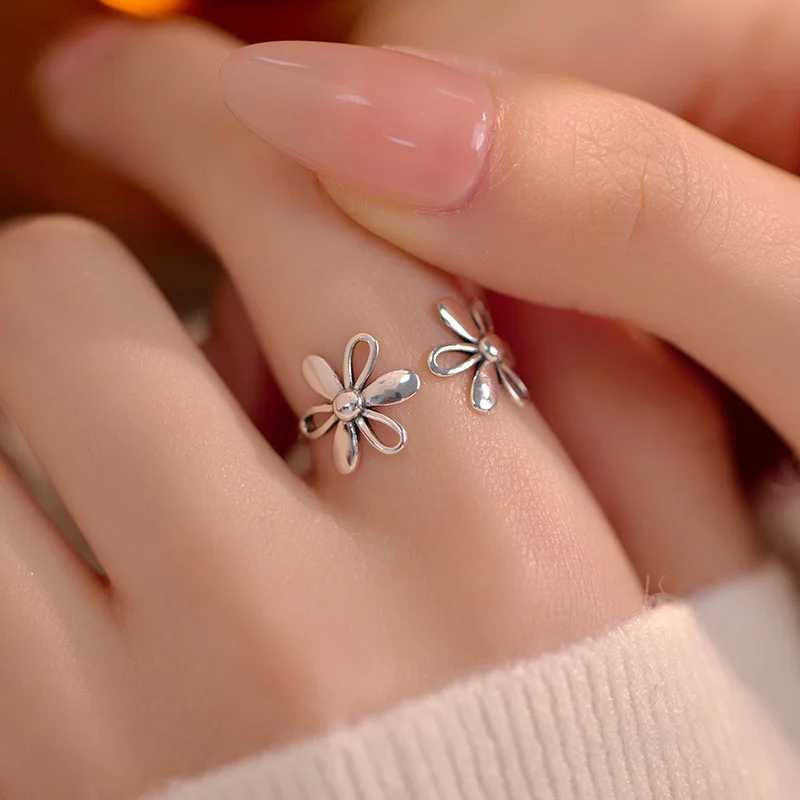 925 Sterling Silver Rings For Women Geometric Fine Jewelry Finger Adjustable Simple Vintage FLower Ring For Party Birthday Gift H260328