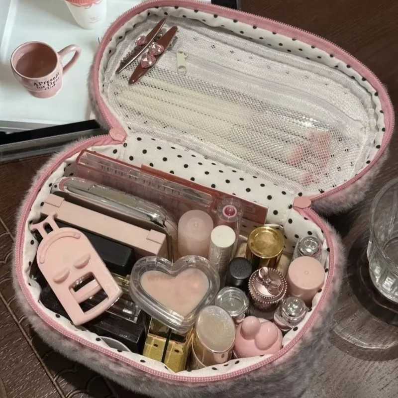 Ladies Cosmetic Bag Plush Leopard Cute Kawaii Makeup Bag Fashion Hand-held Large Capacity Multifunctional Storage Bag Pouch D260328