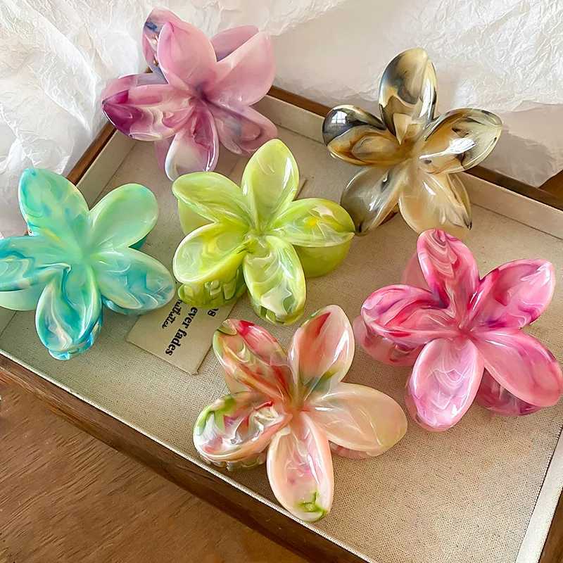 4cm Gradient Color Flower Acrylic Hair Claws Clip Women Girls Sweet Hairpins Beach Hawaiian Style Colorful Hair Accessories H260328