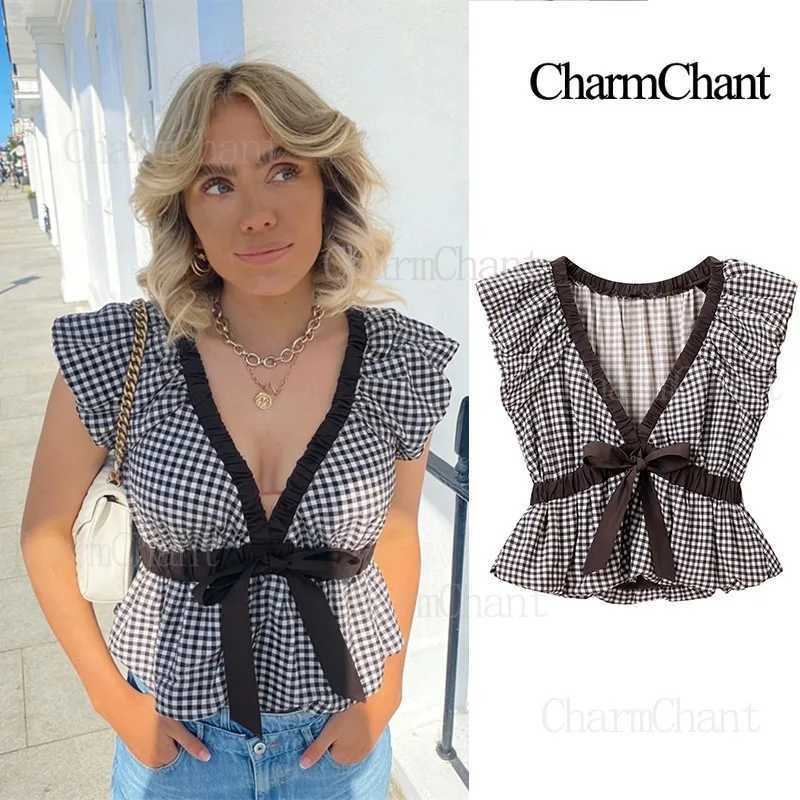 Charmchant Womens Black White Gingham Top Deep V Neck Ruffle Cap Sleeves Bow Tie Peplum Hem Cute Summer Blouse Resort Wear 2026 D260328