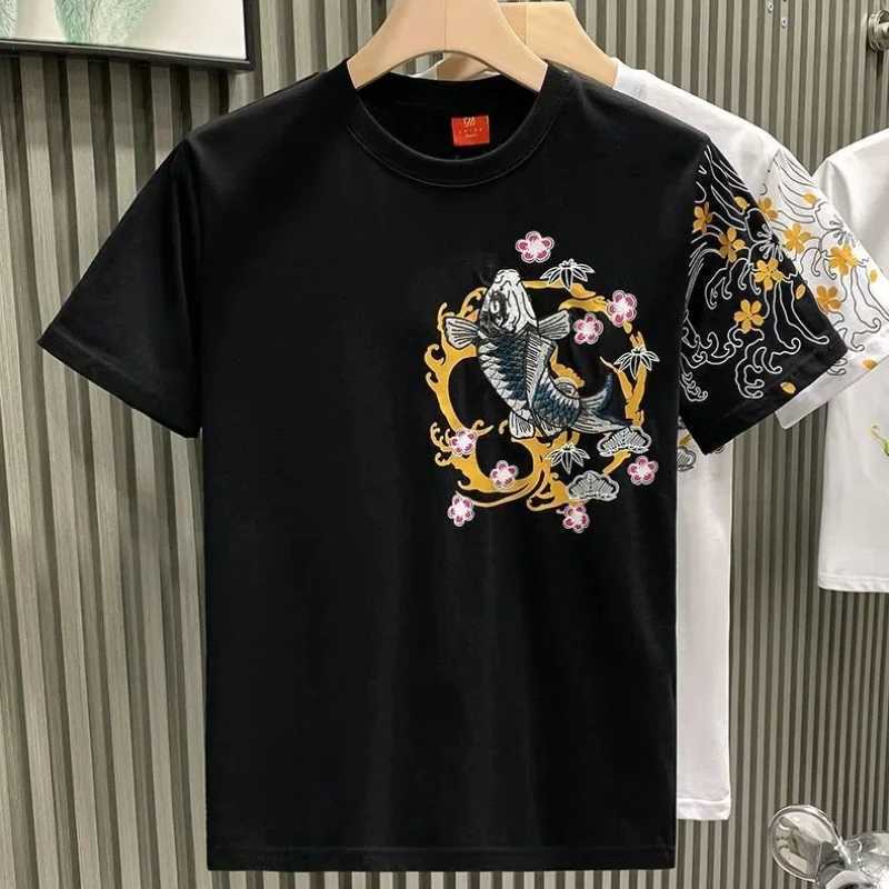 Chinese Style Trend Fashion Thin Summer T-Shirts Men O-Neck Carp Embroidered Short Sleeve Loose Pullovers Bottoming Shirt Tops C260326
