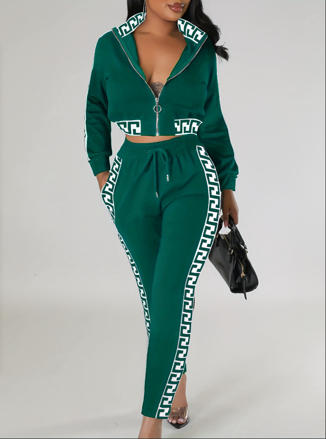 Luxury Brand Designer Clothes Women's Spring And Autumn Fashion High-End Casual Set: Cropped Zipper Top With Floral Pattern And Patchwork Long Pa - view 7