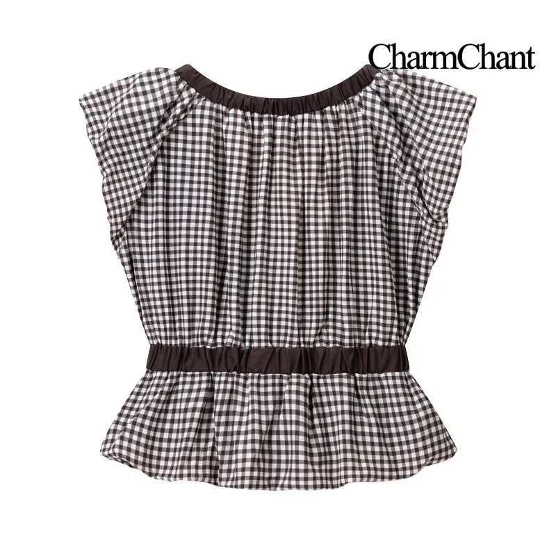 Charmchant Womens Black White Gingham Top Deep V Neck Ruffle Cap Sleeves Bow Tie Peplum Hem Cute Summer Blouse Resort Wear 2026 D260328