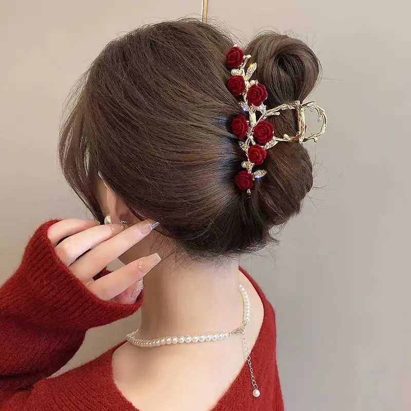 Rose Flower High-End Hairpin New Rose French Style Elegant Back-Of-Head Clip Metal Hair Accessory for Updos Shark Clip H260328