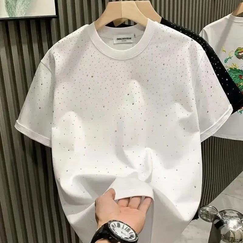 White Tee Men's T-shirt Starry Sky Rhinestone Short-sleeve Sparkling Star Rhinestone Embellishments All Over Daily Commute Two color option