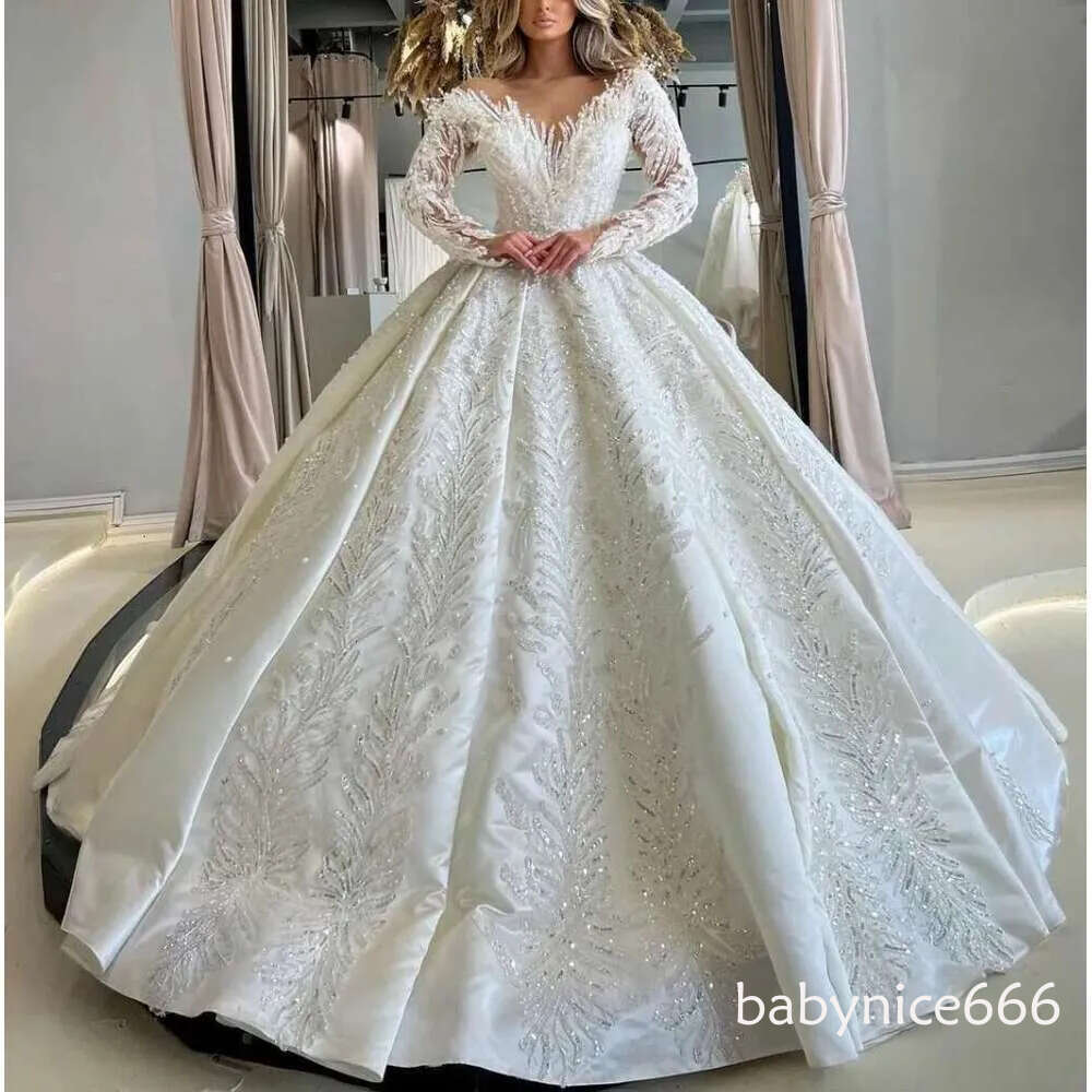 Luxury Ball Gown Wedding Dresses Long Sleeves V Neck Sequins Applique Ruffles Bridal Gowns Diamonds Pearls Formal Dress Plus Size Custom Made Vestido 
