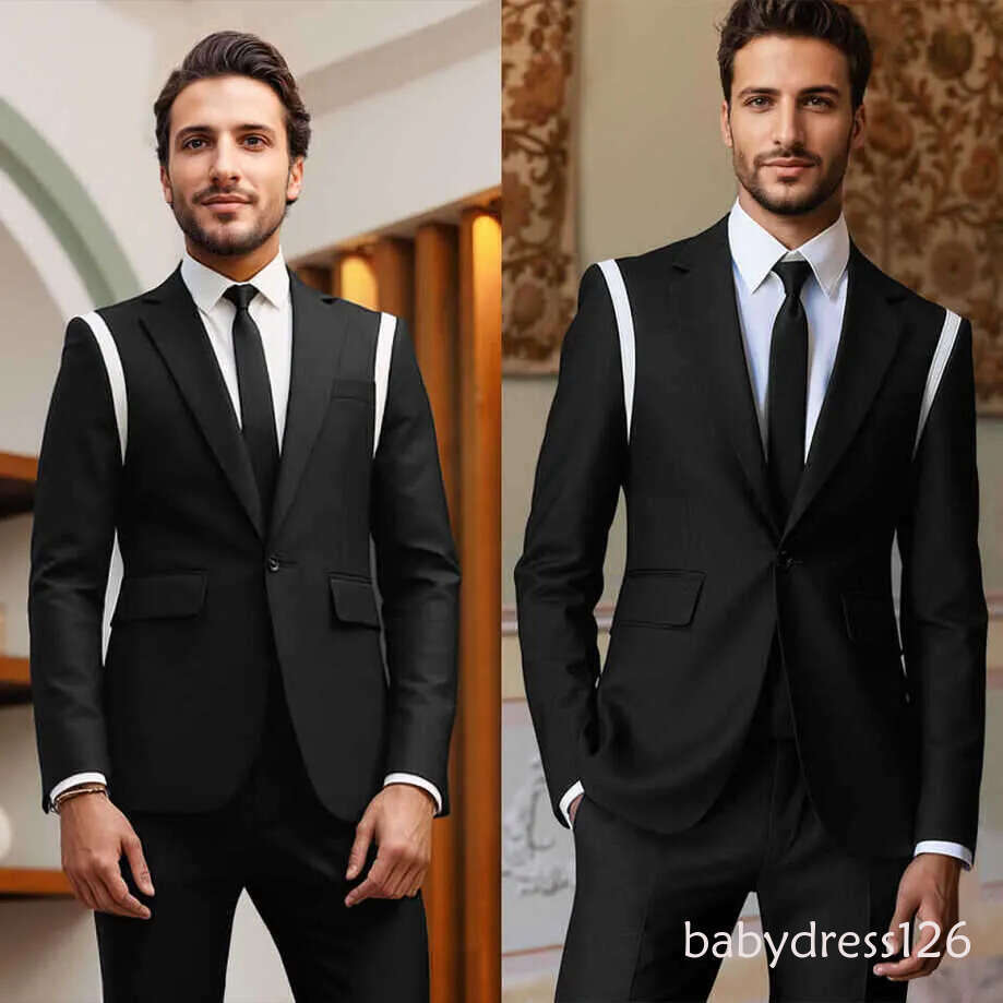 Black And White Stitching Men's Suits Single Breasted 1pcs Slim Fit Blazer Business Coats Wedding Party Groom Tuxedo ZD19