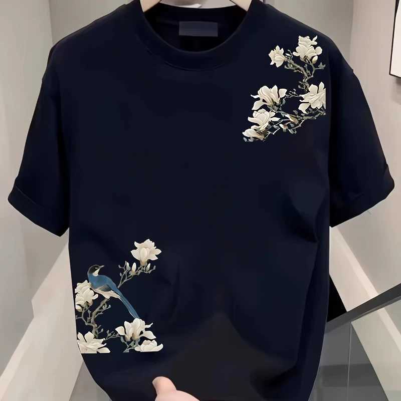 Summer Casual Mens 100 Cotton Versatile Round-neck Short-sleeved T-shirt with Floral Pattern Print Outdoor Soft and Breathable C260326