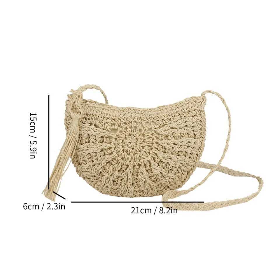 Fashion Semicircle Straw Woven Shoulder Crossbody Bag Travel Small Handbag Ladies Summer Handmade Rattan Tassel Design Beach Bag C260327