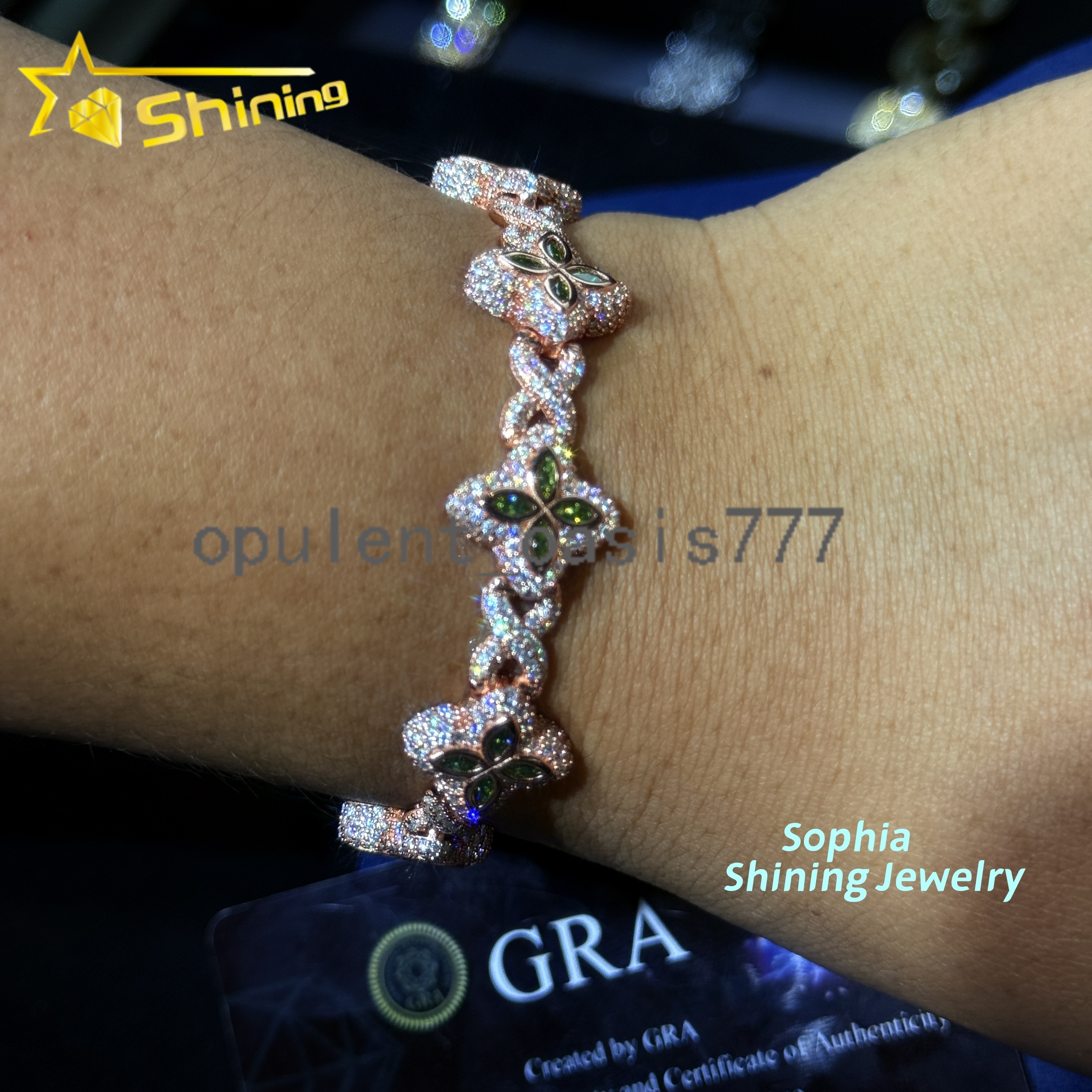 New Arrivals Fashion Jewelry 925 Sterling Silver Vvs Green Color Moissanite Diamond Four Leaf Clover Cuban Link Tennis Bracelet