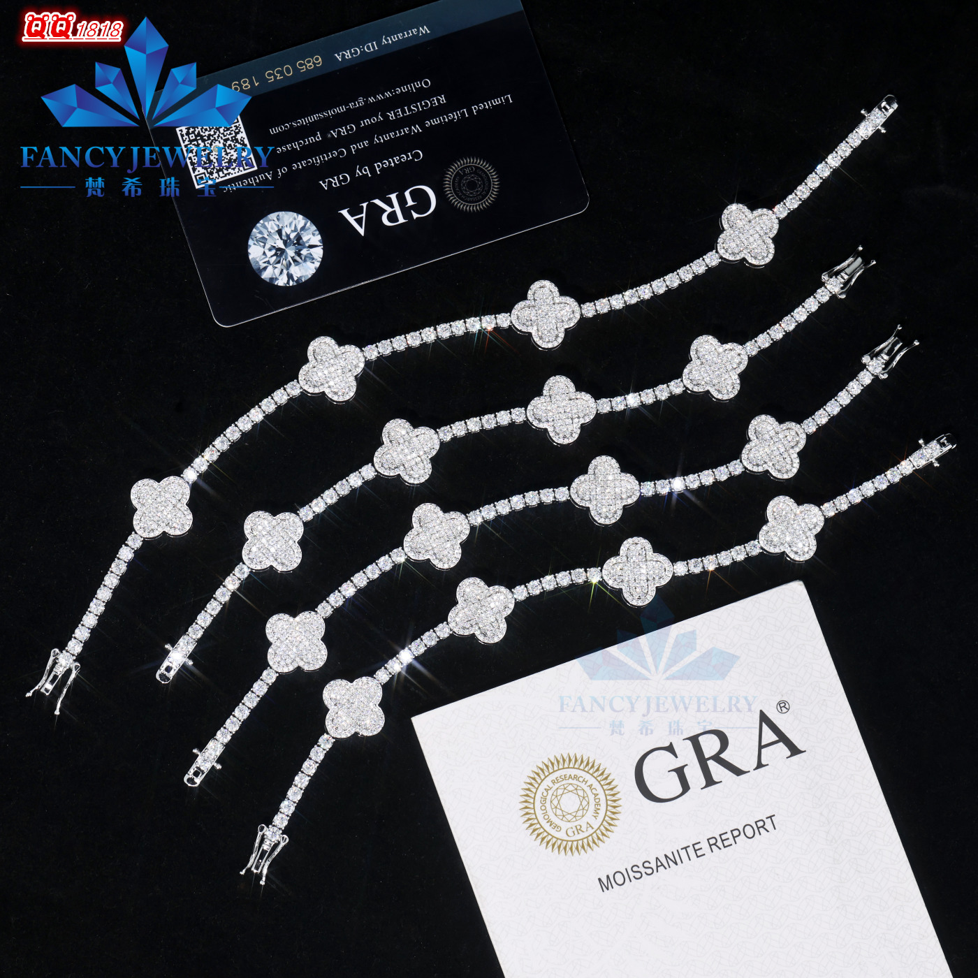Wholesale 925 Silver Sterling Silver Fine Jewelry Girls Bracelets 15mm Vvs1 Moissanite Tennis Chain Clover Bracelet Charms