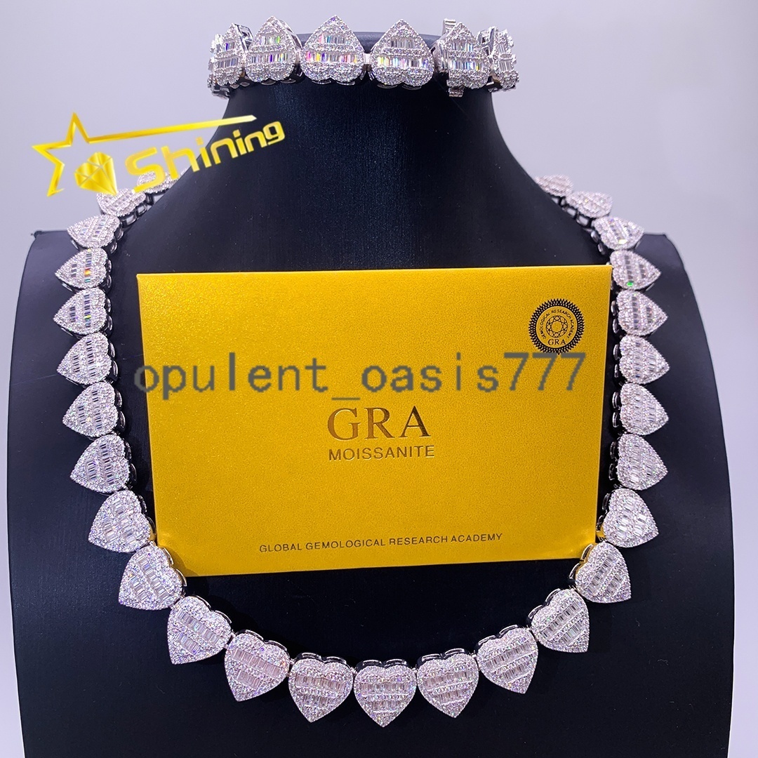 Shining Fine Jewelry 925 Silver Heart Shape Moissanite Cuban Chain Custom Hip Hop Mossanite Cuban Link Chain