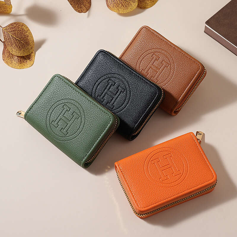 Women's Premium Leather Zip Around Wallet, Embossed H Design Card Holder with Coin Compartment, Short Bifold Purse