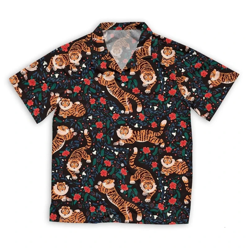 Hawaiian Beach Tiger Pattern Shirts For Men Clothing Fashion Hawaii Animal 3D Printed Short Sleeve Holiday Party Y2k Tops Blouse260317