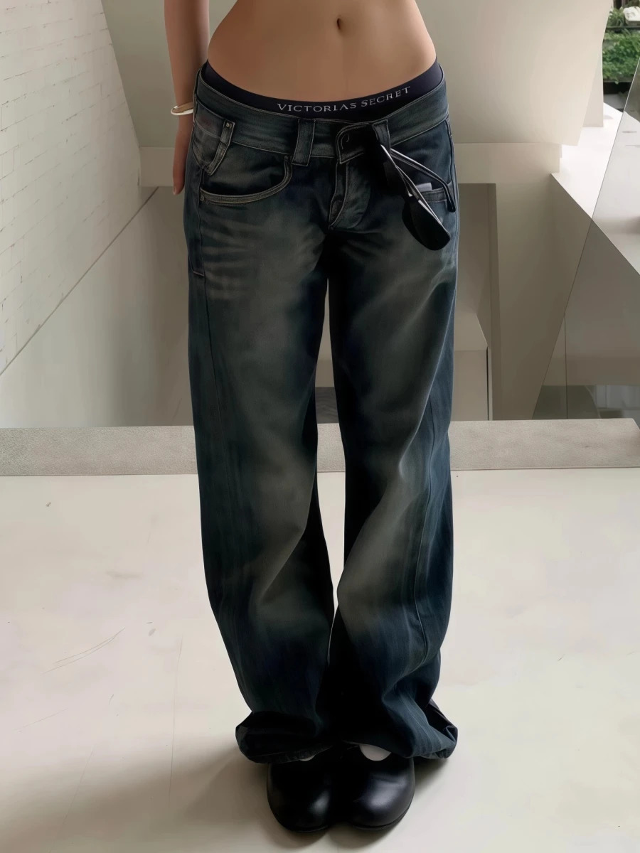 Autumn Winter Womens Low Rise Denim Pants Vintage Simple Y2K Baggy Wide Fit Jeans Harajuku Cowboy Streetwear 2000s Japanes 260327