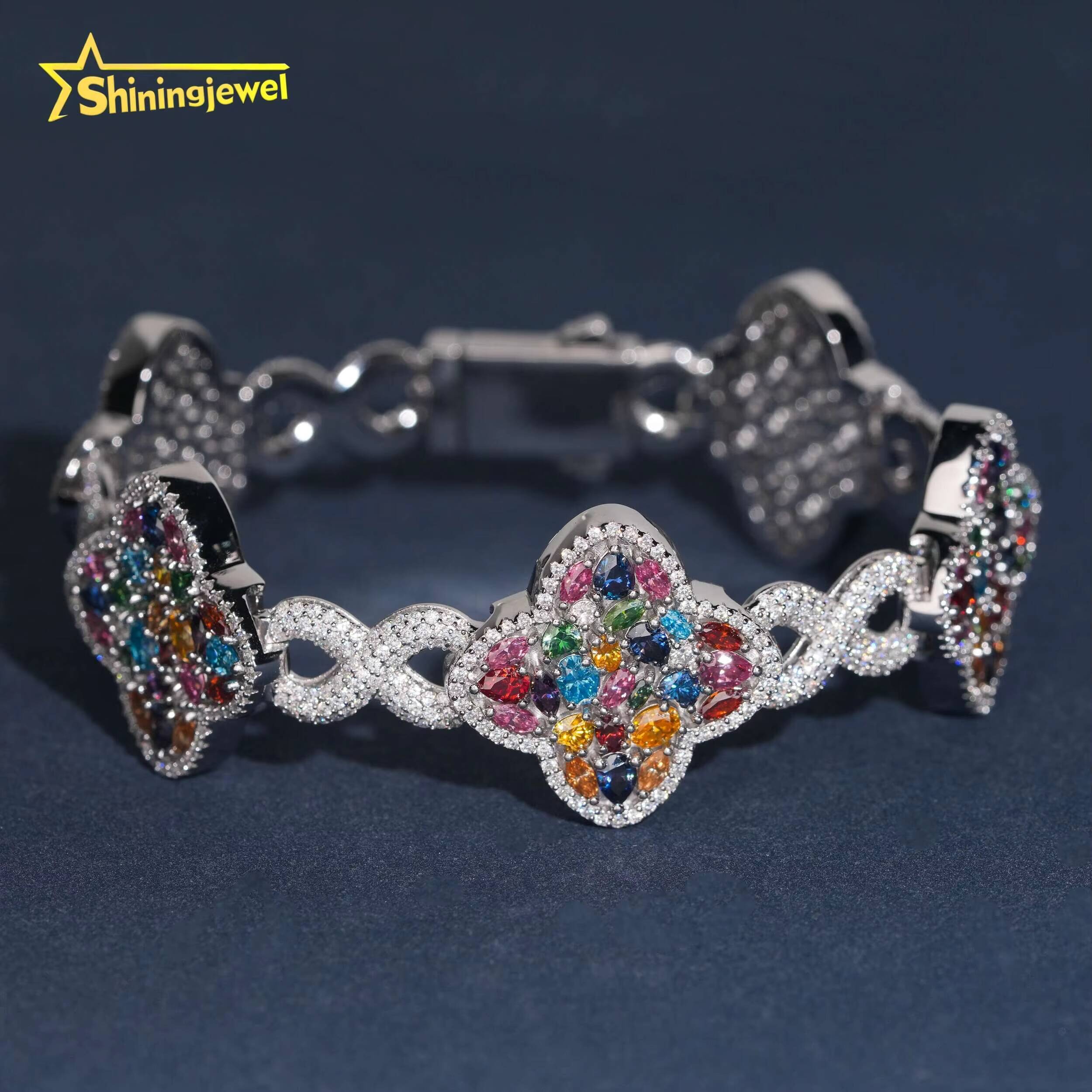 New Arrival Colored Diamond Multi Cut Hip Hop Jewlery Clover Bracelet 925 Silver Iced Out VVS Moissanite Cuban Chain Bracelet