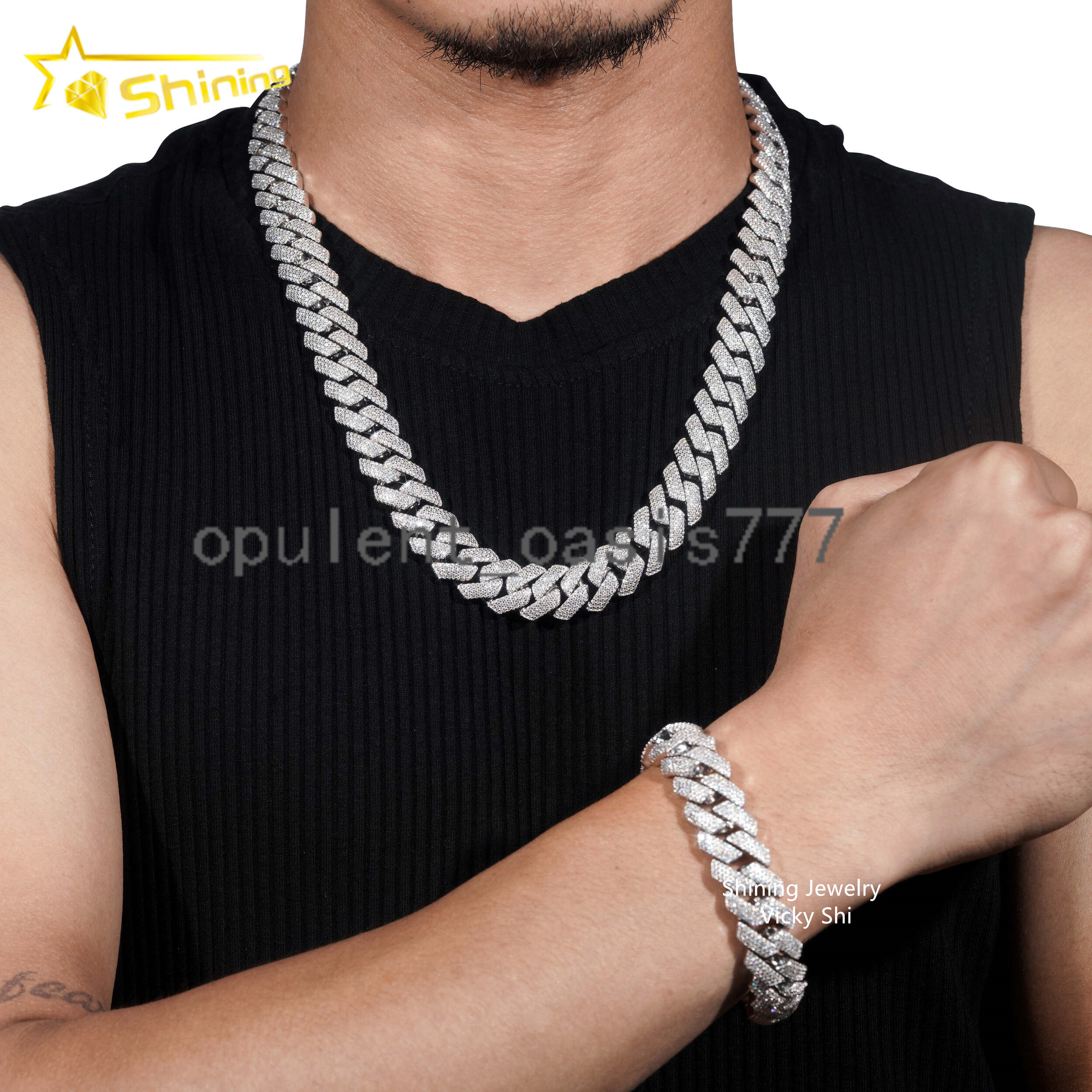 Hip Hop 15MM 4 Rows GRA Certificated Moissanite Cuban Link Chain 925 Sterling Silver Rapper Iced Out Chain
