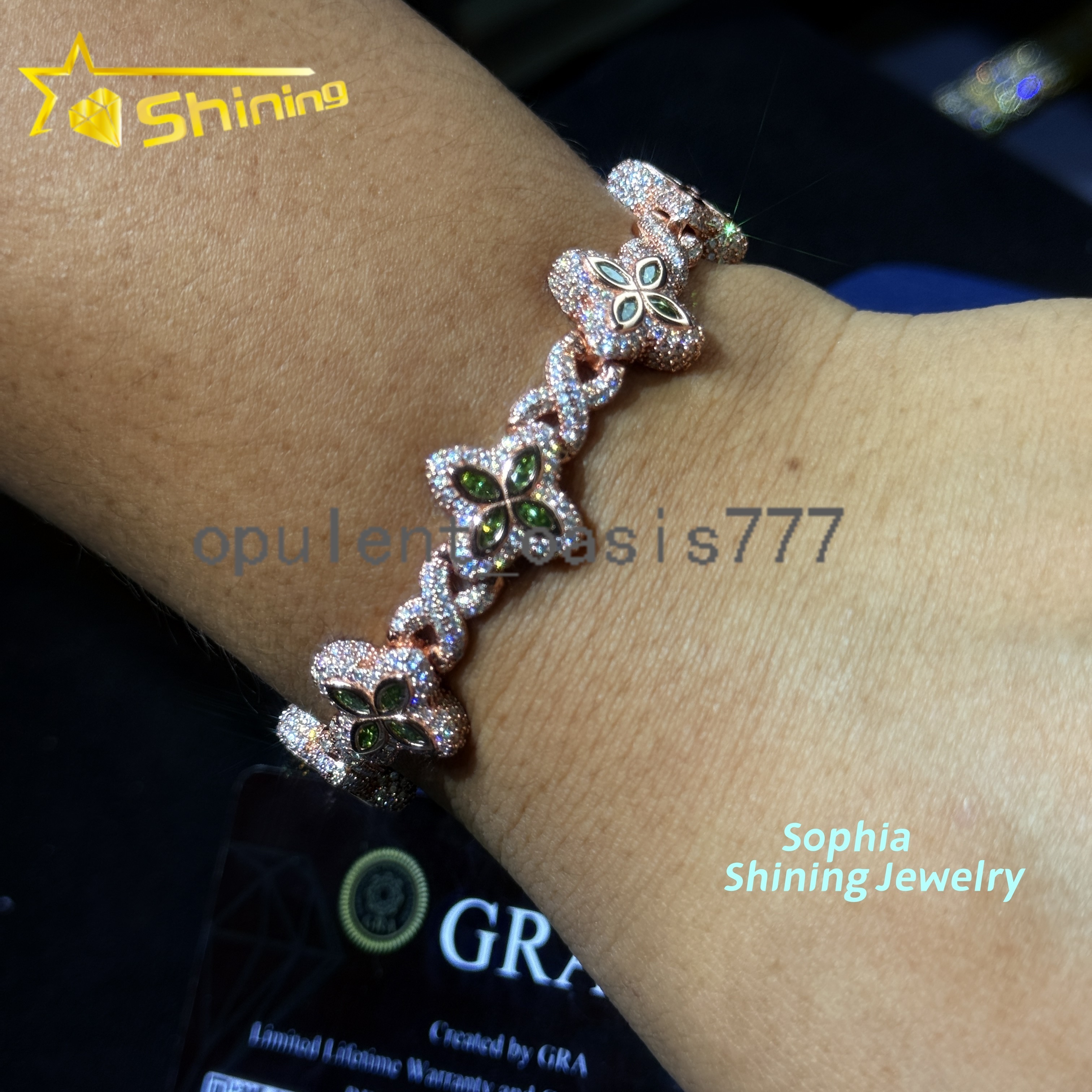 New Arrivals Fashion Jewelry 925 Sterling Silver Vvs Green Color Moissanite Diamond Four Leaf Clover Cuban Link Tennis Bracelet