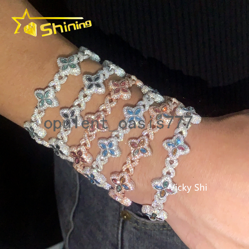Hot Selling 15MM 925 Sterling Silver Cuban Clover Bracelets Iced Out Hip Hop Infinity Colored Moissanite Cuban Bracelet