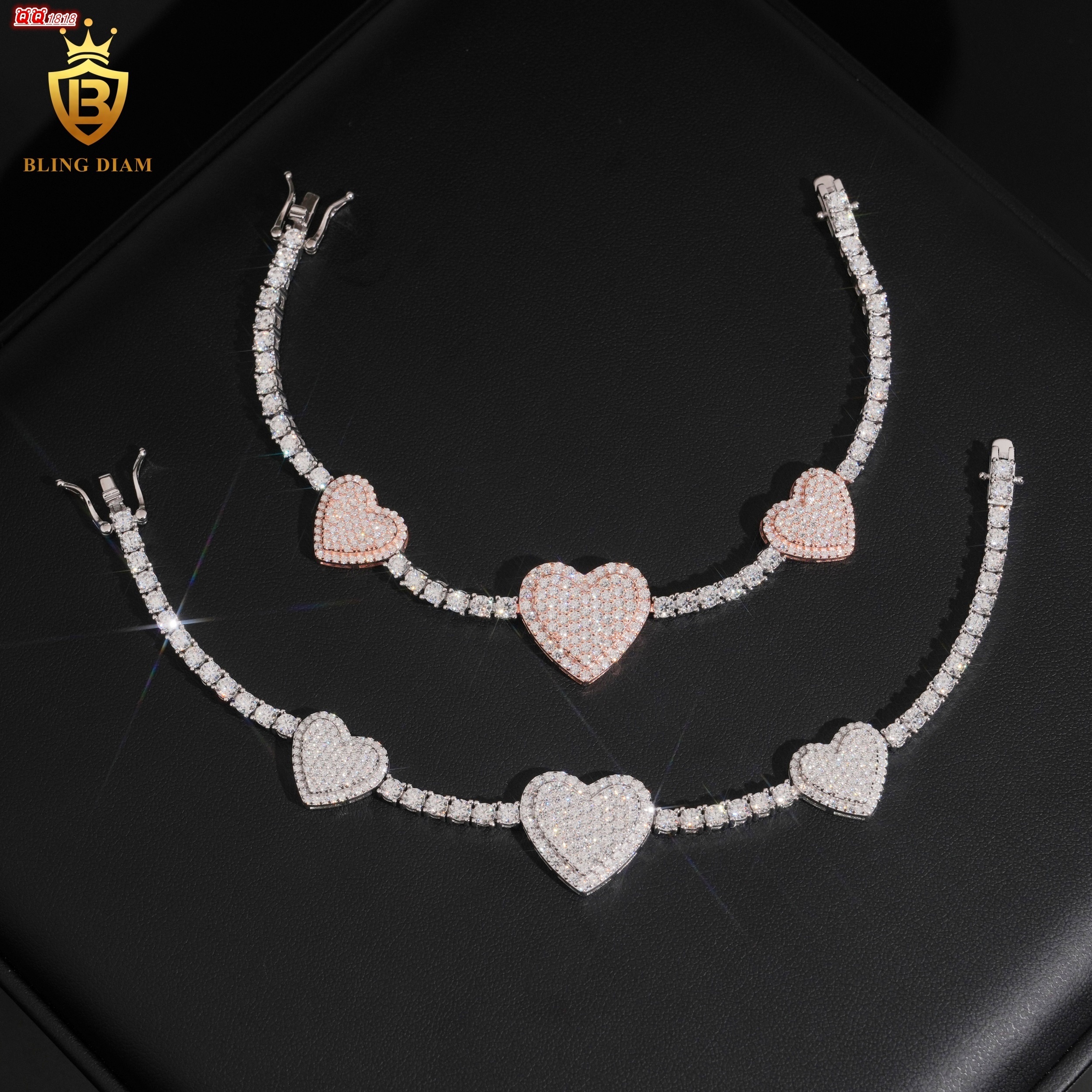 925 Sterling Silver Womens Bracelet Two Tones Heart Rhodium Plated GRA Certified Brilliant Cut Moissanite Fine Jewelry Bracelet