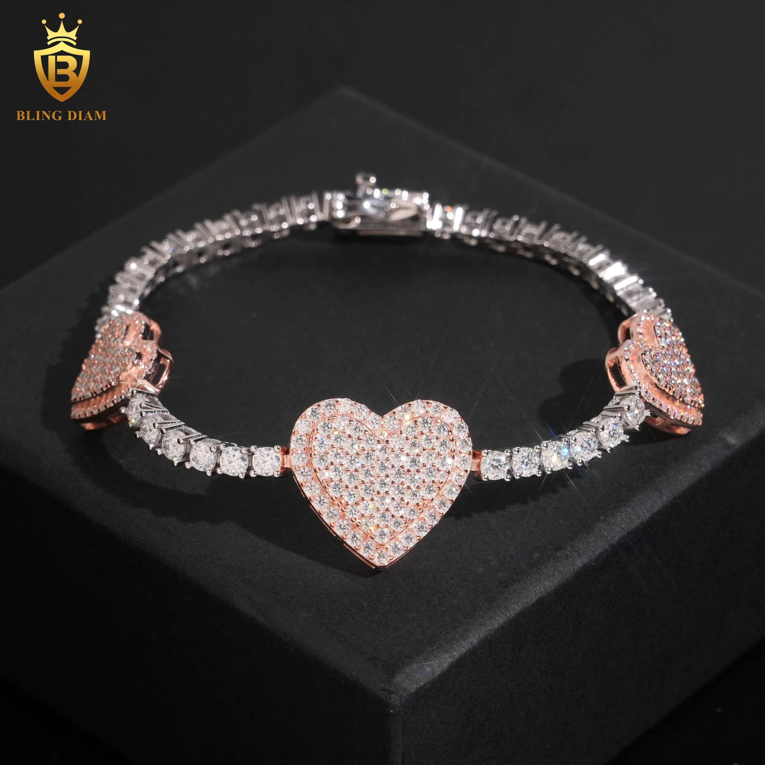 925 Sterling Silver Womens Bracelet Two Tones Heart Rhodium Plated GRA Certified Brilliant Cut Moissanite Fine Jewelry Bracelet