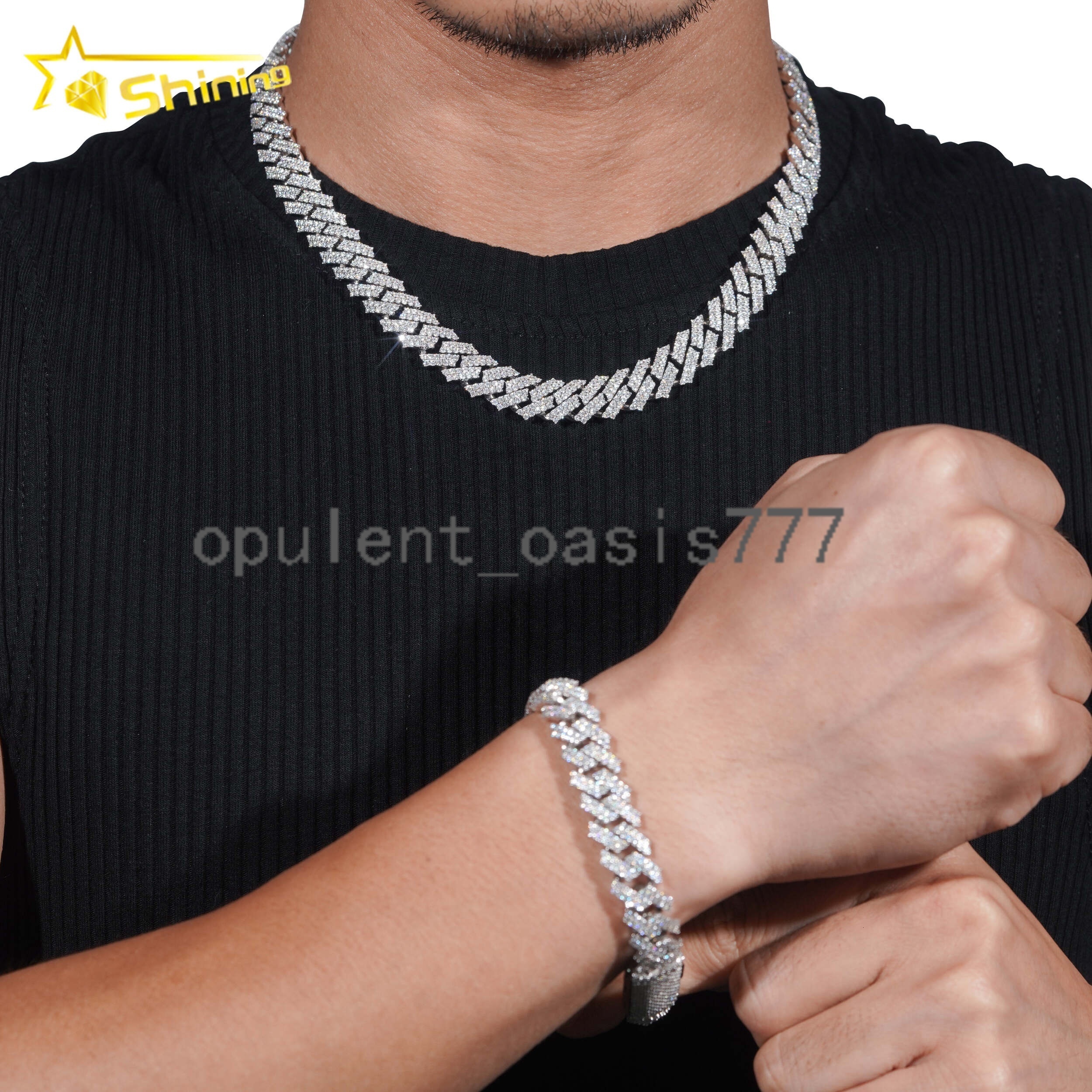 Pass Diamond Tester Hip Hop 925 Silver Two Row Straight Edge 12MM Moissanite Cuban Link Chain