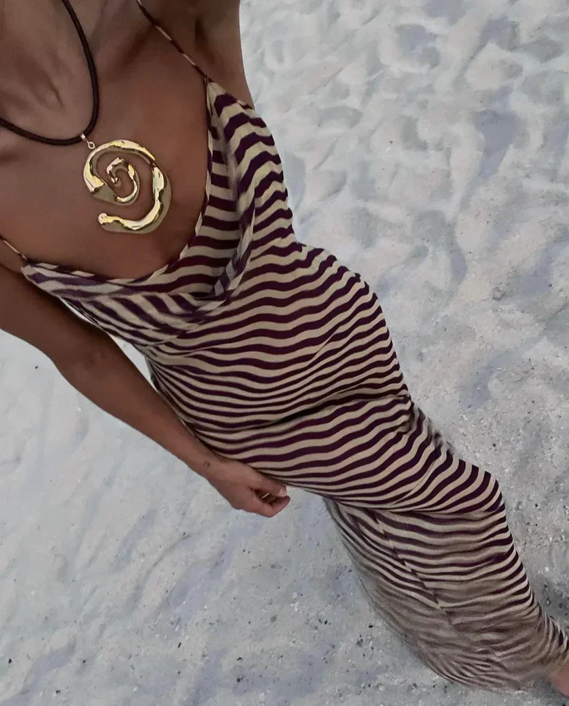DRC Elegant Brown Striped Print Backless Dresses For Woman Summer Spaghetti Strap Skinny Long Holiday Party Clubwear Dress 260326