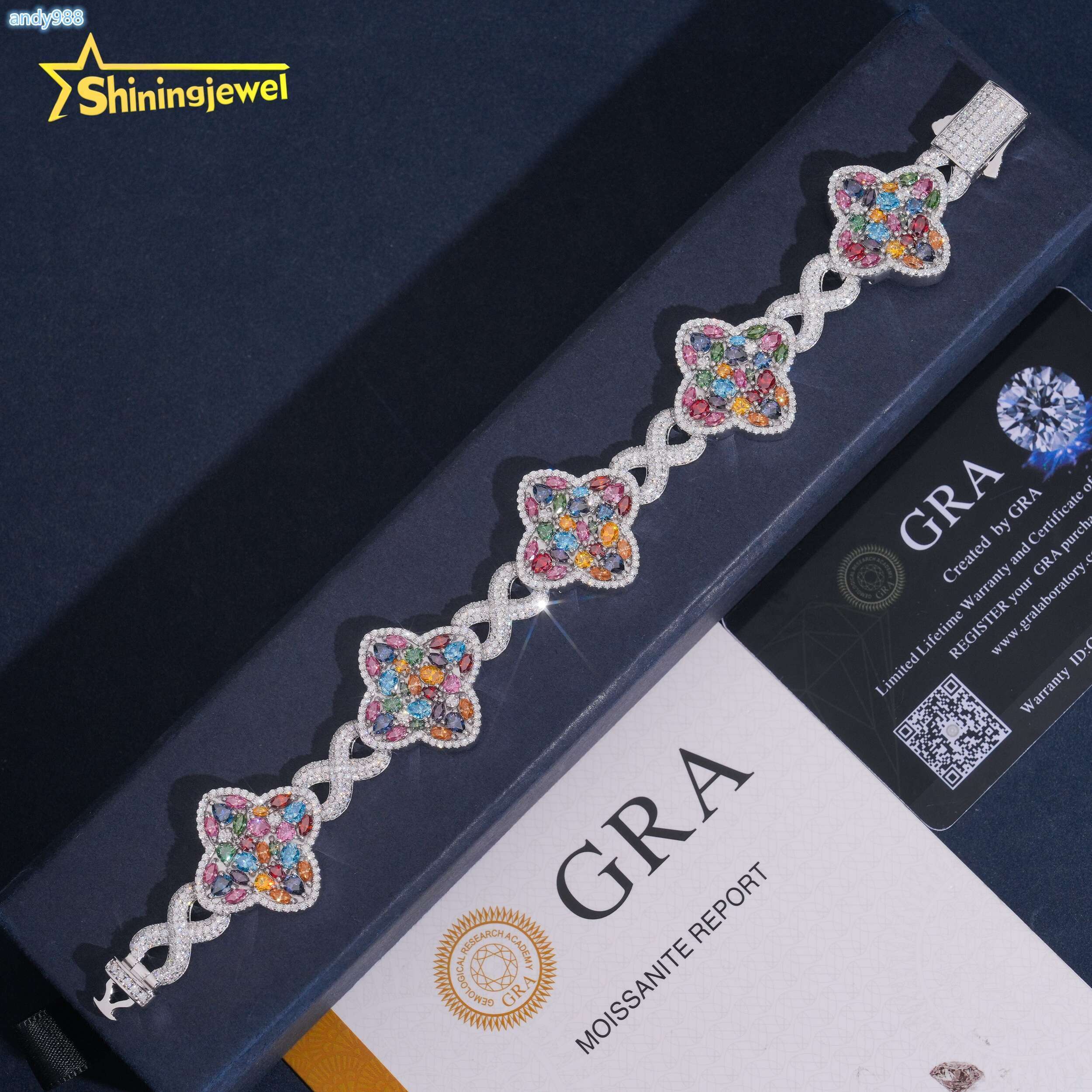 New Arrival Colored Diamond Multi Cut Hip Hop Jewlery Clover Bracelet 925 Silver Iced Out VVS Moissanite Cuban Chain Bracelet