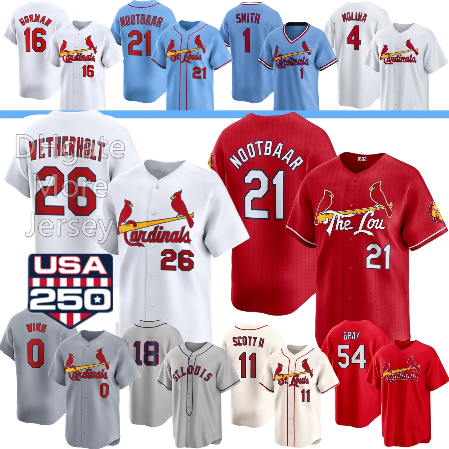 St. Louis Cardinal Jersey JJ Wetherholt Tink Hence Walker Lars Nootbaar Masyn Winn Scott II Gorman Burleson Herrera Musial Pujols Gibson Baez Cijntje May Davis Kid