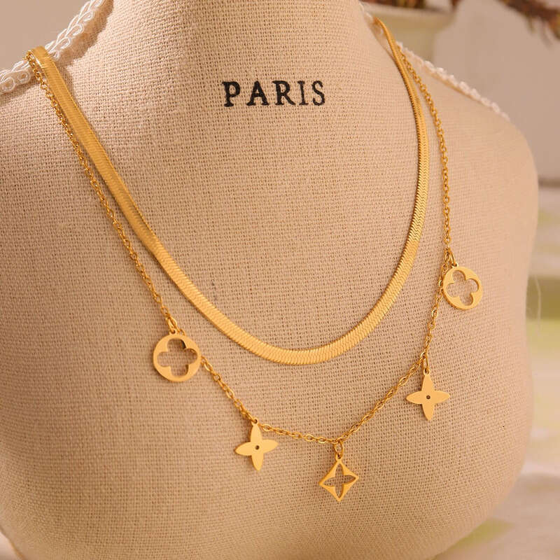 Women's Designer Necklace & Bracelet Set: Double-sided Hollow Flower Four-leaf Clover Pendant Double-layered Collarbone Chain Anklet, Daily Vinta