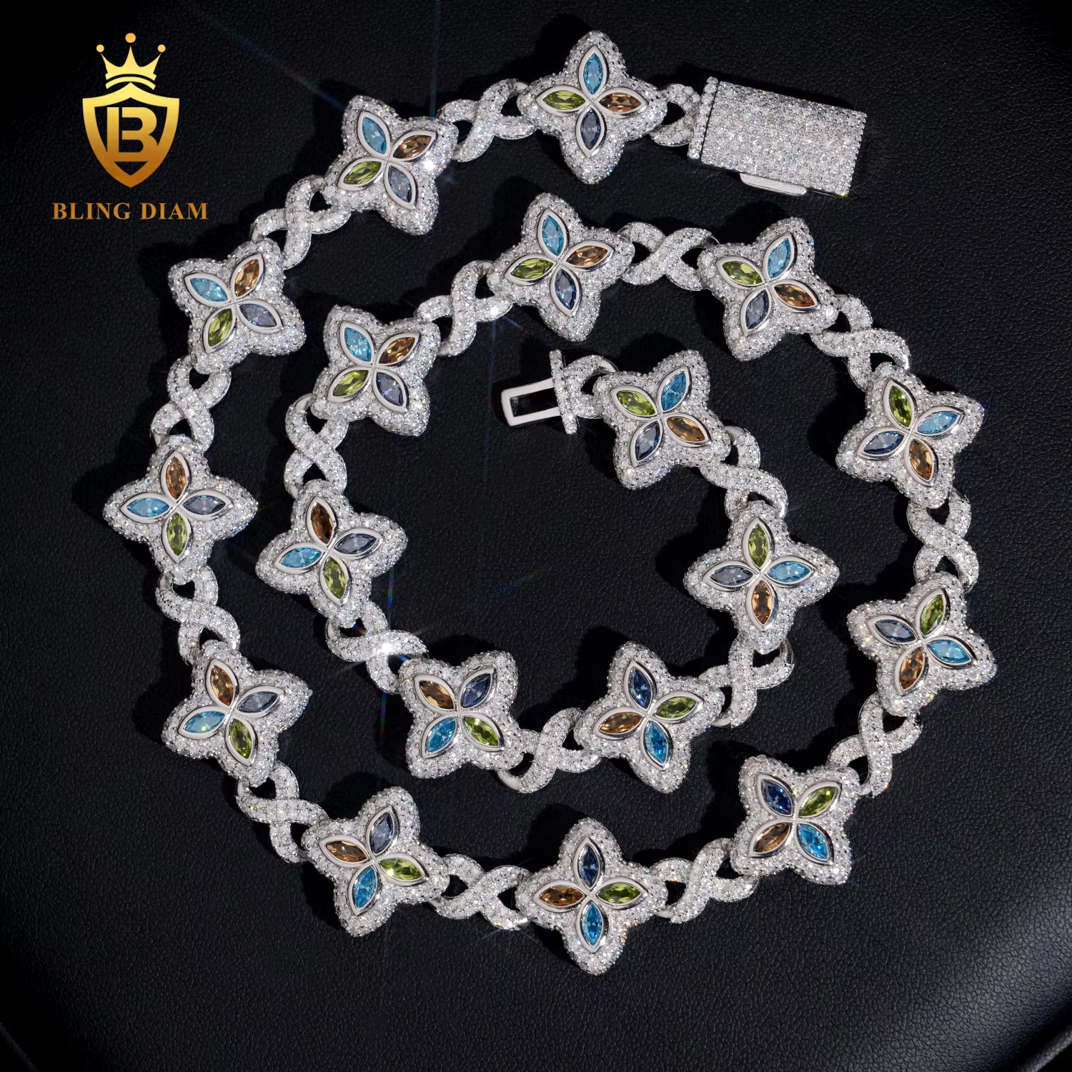Fashion Hip Hop Jewelry Gold Plated 925 Sterling Silver Colored Moissanite Diamond Four Leaf Clover Necklace Cuban Link Chain