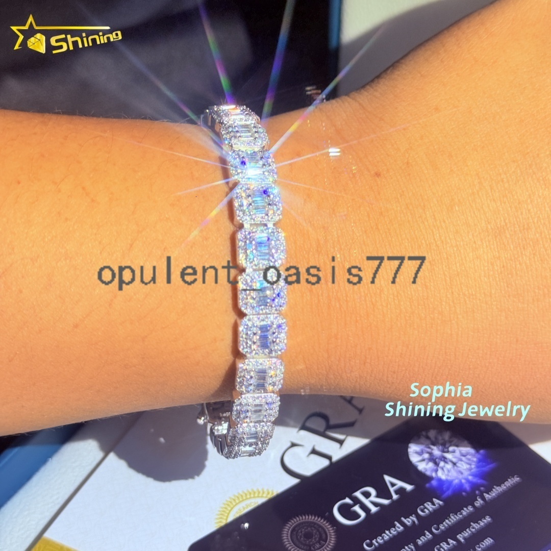 Unique Design 10mm Chain Iced Out baguette 925 Sterling Silver Hip Hop VVS Moissanite Cluster Tennis Cuban Link Chain Bracelet
