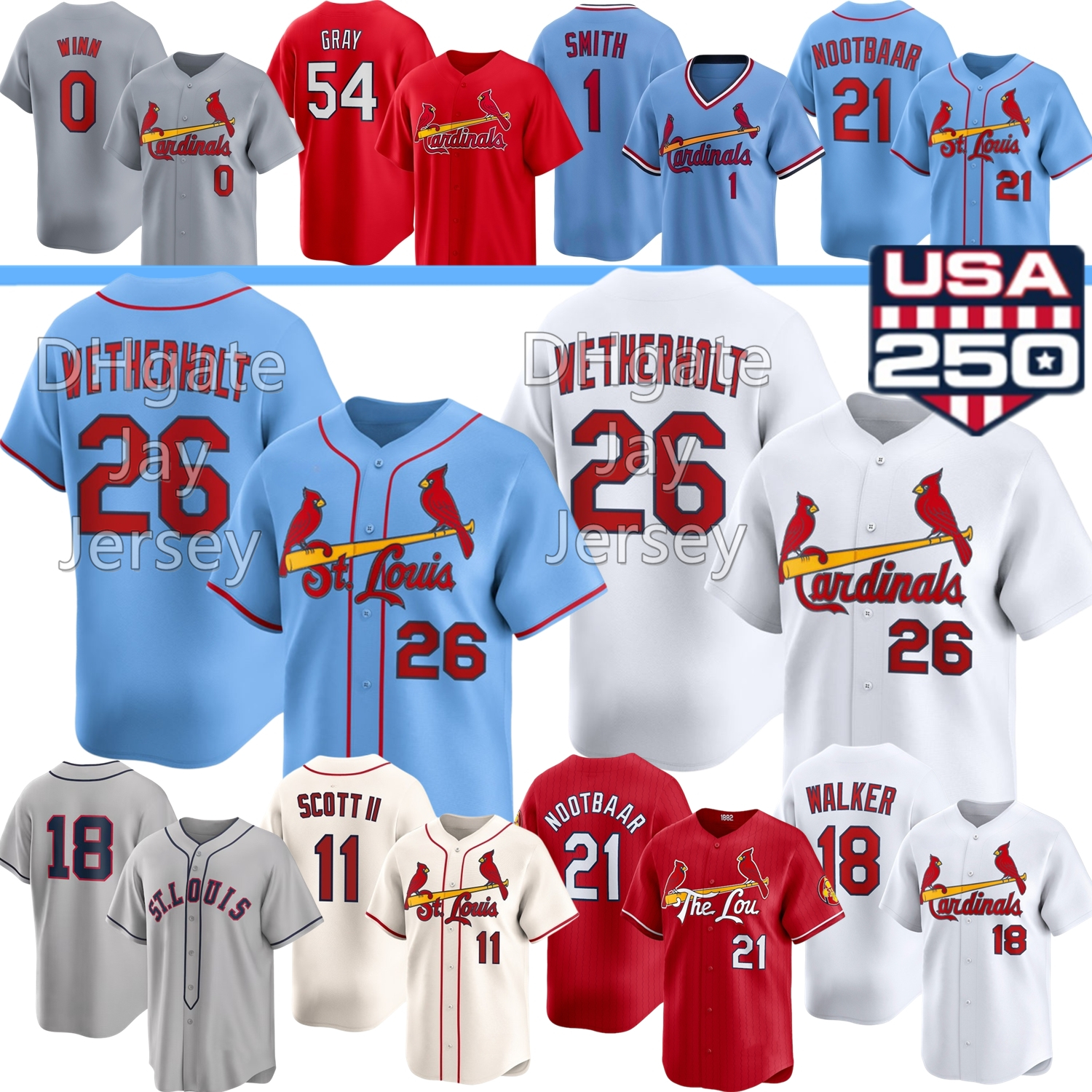 St. Louis Cardinal Jersey #26 JJ Wetherholt Tink Hence Walker Lars Nootbaar Masyn Winn Scott II Nolan Gorman Alec Burleson Herrera Musial Albert Pujols Molina Baez
